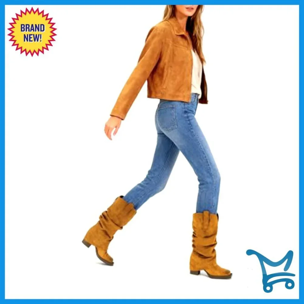 Faux Suede Fold Over Boots Square Toe Chunky Heel Mid Calf Western - Picture 3 of 7